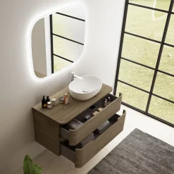 Meuble Buanderie| Ensemble de salle de bains L.104 cm meuble sous vasque version droite + plan de toilette décor noyer, Alba