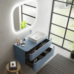 Ensemble de salle de bains L.104 cm meuble sous vasque version droite + plan de toilette bleu mat, Alba
