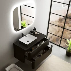 Ensemble de salle de bains L.104 cm meuble sous vasque version gauche + plan de toilette noir mat, Alba