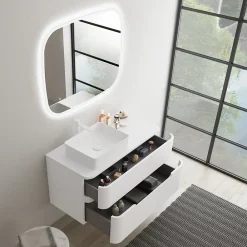 Meuble Buanderie| Ensemble de salle de bains L.104 cm meuble sous vasque version gauche + plan de toilette blanc mat, Alba