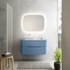 Meuble Buanderie| Ensemble de salle de bains L.104 cm meuble sous vasque version gauche + plan de toilette bleu mat, Alba