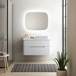 Meuble Buanderie| Ensemble de salle de bains L.104 cm meuble sous vasque version droite + plan de toilette blanc mat, Alba