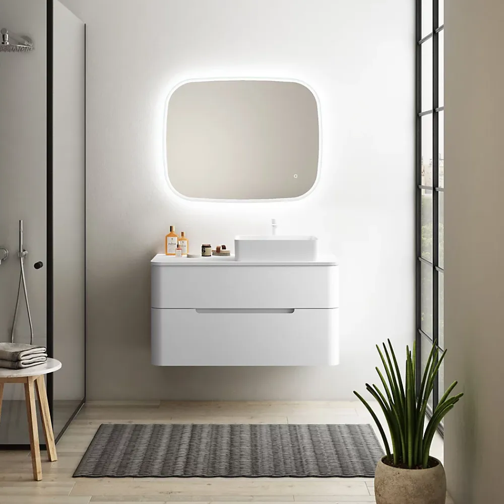 Meuble Buanderie| Ensemble de salle de bains L.104 cm meuble sous vasque version droite + plan de toilette blanc mat, Alba