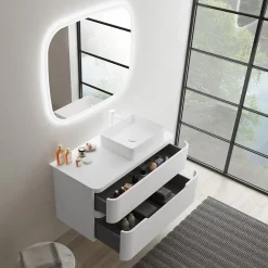 Meuble Buanderie| Ensemble de salle de bains L.104 cm meuble sous vasque version droite + plan de toilette blanc mat, Alba