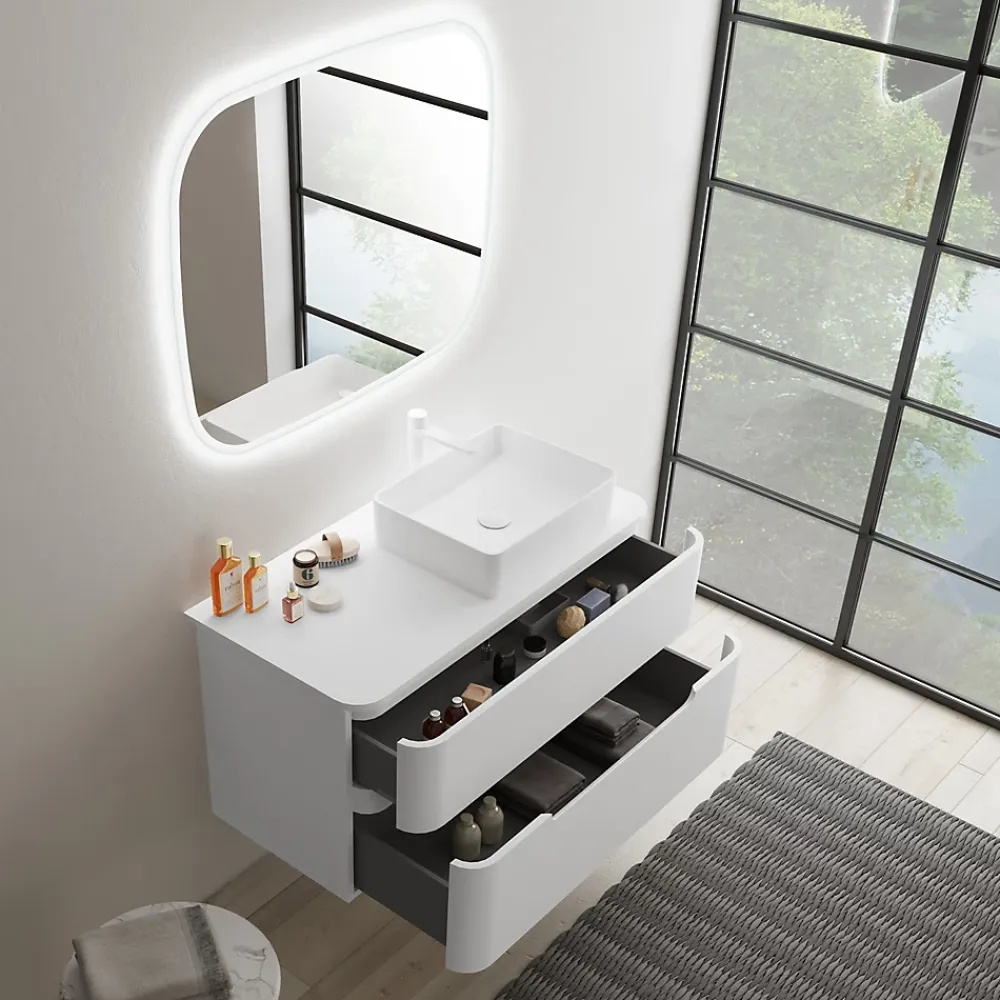 Meuble Buanderie| Ensemble de salle de bains L.104 cm meuble sous vasque version droite + plan de toilette blanc mat, Alba