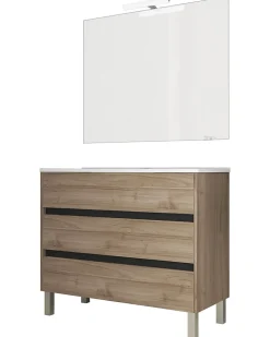 Ensemble Meuble De Salle De Bains|Mennza Ensemble de salle de bain meuble 100cm STAY THREE EDGE bois clair - Vasque - Miroir - Applique