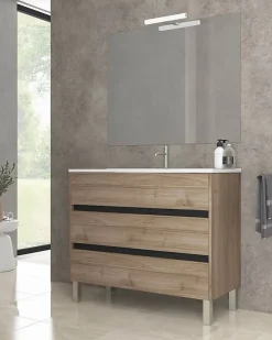 Ensemble Meuble De Salle De Bains|Mennza Ensemble de salle de bain meuble 100cm STAY THREE EDGE bois clair - Vasque - Miroir - Applique