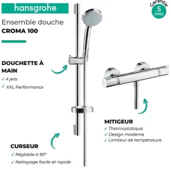 Colonne De Douche Thermostatique|Hansgrohe Ensemble douche Croma 100 + mitigeur thermostatique Ecostat Comfort + Barre de douche 65 cm