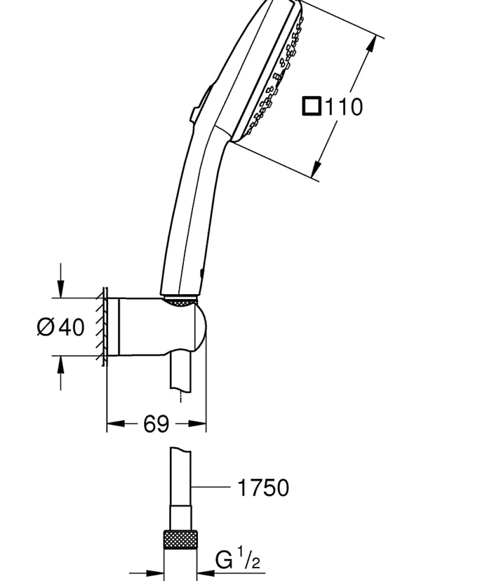 Pommeau De Douche, Flexible Et Barre De Douche|Grohe Ensemble douchette 3 jets + support + flexible chrome, Vitalio 100