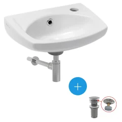 Siko Ensemble lave-main suspendu avec trou pour robinetterie, trop plein, 35x28cm + Bonde clic-clac + Siphon de lavabo (EUR913-SET2)