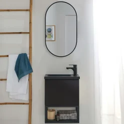 Mob-In Ensemble lave-mains NOVA métal et bois avec robinet noir et miroir ovale