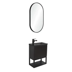 Mob-In Ensemble lave-mains NOVA métal et bois avec robinet noir et miroir ovale
