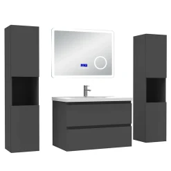 Ensemble Meuble De Salle De Bains|AICA Sanitaire Ensemble meuble 80 cm anthracite avec 2 tiroirs, lavabo céramique + Miroir Bluetooth tricolore + 2 colonnes hautes, suspendu