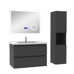 Ensemble Meuble De Salle De Bains|AICA Sanitaire Ensemble meuble 80 cm anthracite avec 2 tiroirs, lavabo céramique + Miroir Bluetooth tricolore + colonne haute, suspendu