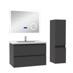 Ensemble Meuble De Salle De Bains|AICA Sanitaire Ensemble meuble 80 cm anthracite avec 2 tiroirs, lavabo céramique + Miroir Bluetooth tricolore + colonne, suspendu