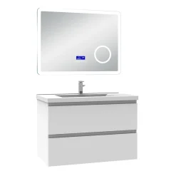 AICA Sanitaire Ensemble meuble 80 cm blanc avec 2 tiroirs à fermeture automatique, lavabo céramique + miroir Bluetooth tricolore, suspendu