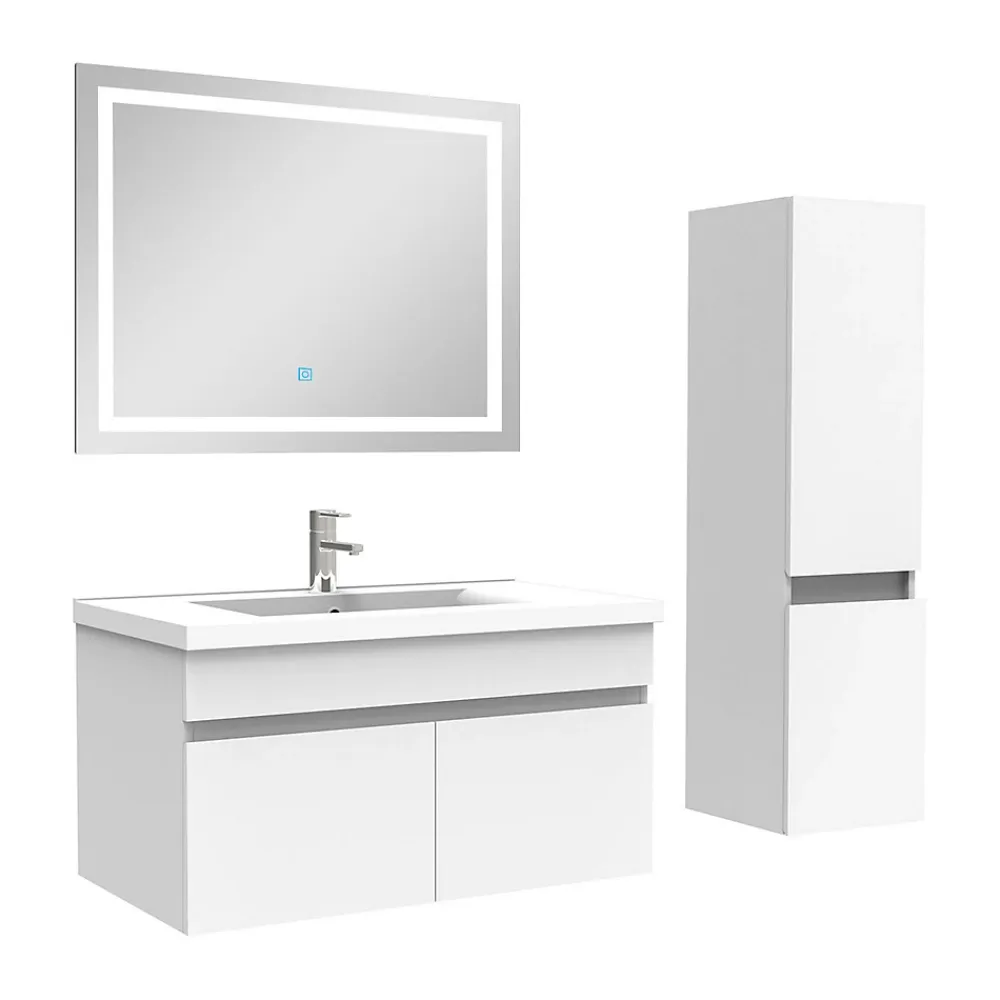 Ensemble Meuble De Salle De Bains|AICA Sanitaire Ensemble meuble + vasque + miroir lumineux + colonne 80cm meuble salle de bain Blanc