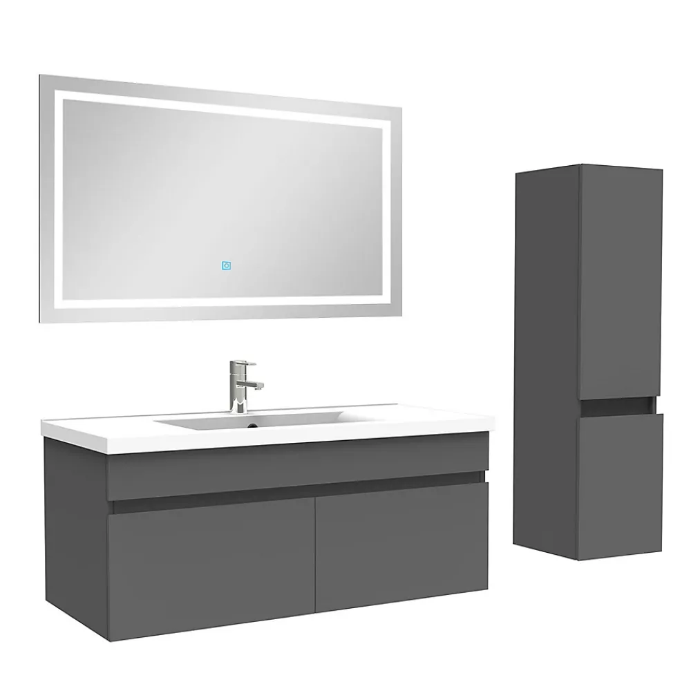 AICA Sanitaire Ensemble meuble + vasque + miroir lumineux + colonne 100cm meuble salle de bain Anthracite