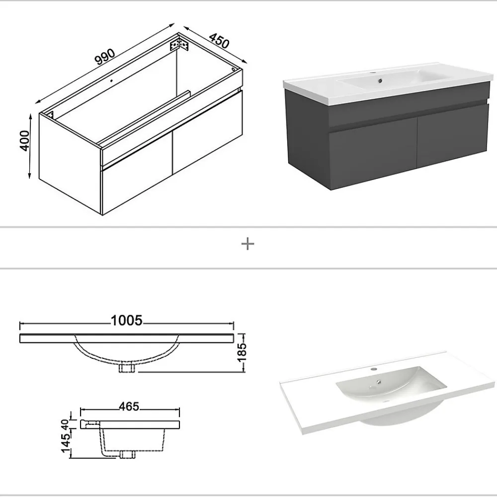 AICA Sanitaire Ensemble meuble + vasque + miroir lumineux + colonne 100cm meuble salle de bain Anthracite