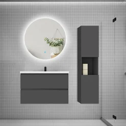 Ensemble Meuble De Salle De Bains|AICA Sanitaire Ensemble meuble anthracite et vasque L.80cm 2 tiroirs + colonne haut + lavabo + miroir 60x60cm-suspendu