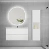Ensemble Meuble De Salle De Bains|AICA Sanitaire Ensemble meuble blanc et vasque L.100cm 2 tiroirs + colonne haut + lavabo + miroir 60x60cm-suspendu