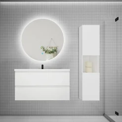 Ensemble Meuble De Salle De Bains|AICA Sanitaire Ensemble meuble blanc et vasque L.100cm 2 tiroirs + colonne haut + lavabo + miroir 60x60cm-suspendu