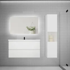 AICA Sanitaire Ensemble meuble blanc et vasque L.100cm 2 tiroirs + colonne haut + lavabo + miroir 80x60cm-suspendu