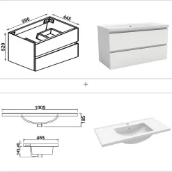 AICA Sanitaire Ensemble meuble blanc et vasque L.100cm 2 tiroirs + colonne haut + lavabo + miroir 80x60cm-suspendu