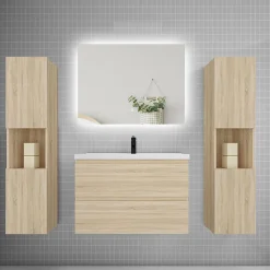 Ensemble Meuble De Salle De Bains|AICA Sanitaire Ensemble meuble chêne et vasque L.80cm 2 tiroirs + colonne x2 haut + lavabo + miroir 80x60cm-suspendu