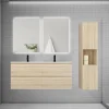 AICA Sanitaire Ensemble meuble chêne et vasque L.120cm 4 tiroirs + colonne haut + lavabo + miroir 80x60cm x2-suspendu