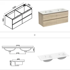 AICA Sanitaire Ensemble meuble chêne et vasque L.120cm 4 tiroirs + colonne haut + lavabo + miroir 80x60cm x2-suspendu