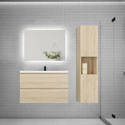 AICA Sanitaire Ensemble meuble chêne et vasque L.80cm 2 tiroirs + colonne haute + lavabo + miroir 80x60cm-suspendu