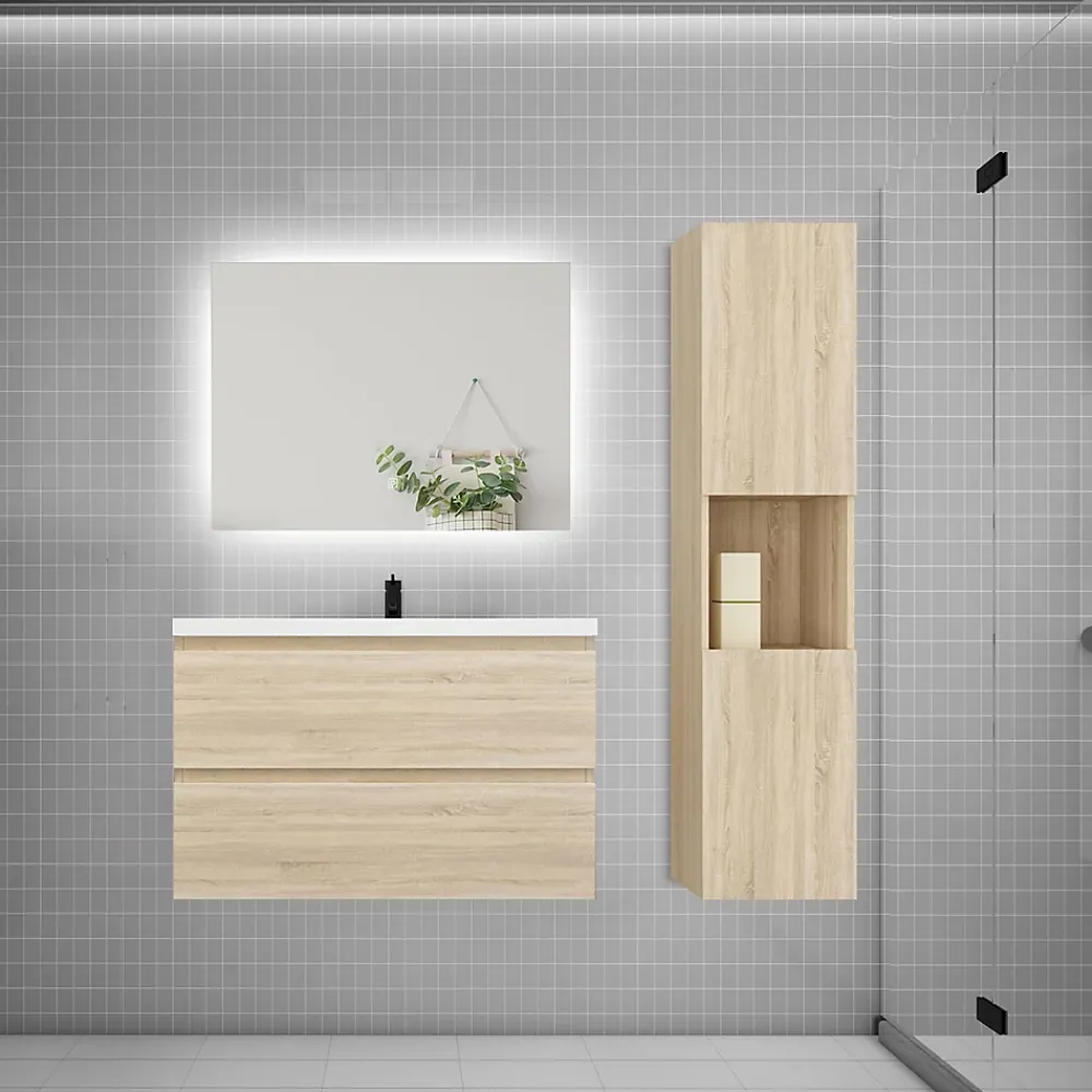 AICA Sanitaire Ensemble meuble chêne et vasque L.80cm 2 tiroirs + colonne haute + lavabo + miroir 80x60cm-suspendu