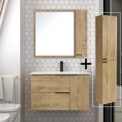 Cosyneo Ensemble meuble de salle de bain 80cm vasque déportée + colonne de rangement - KING - Roble (chêne clair)