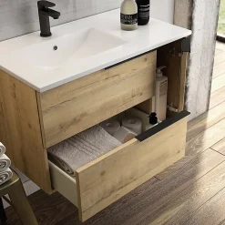 Cosyneo Ensemble meuble de salle de bain 80cm vasque déportée + colonne de rangement - KING - Roble (chêne clair)