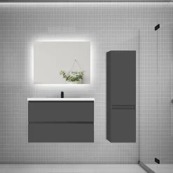 AICA Sanitaire Ensemble meuble de salle de bain et lavabo anthracite (L.80cm) 2 tiroirs + meuble haut + lavabo + miroir LED