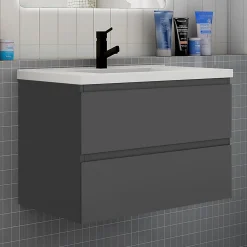 AICA Sanitaire Ensemble meuble de salle de bain et lavabo anthracite (L.80cm) 2 tiroirs + meuble haut + lavabo + miroir LED