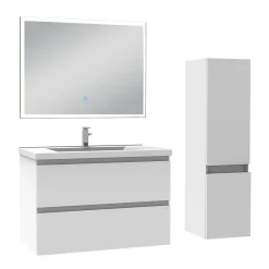 AICA Sanitaire Ensemble meuble de salle de bain 80cm, vasque céramique + colonne + miroir lumineux, blanc