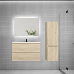 AICA Sanitaire Ensemble meuble de salle de bain et lavabo chêne (L.80cm) 2 tiroirs + meuble haut + lavabo + miroir LED