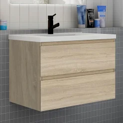AICA Sanitaire Ensemble meuble de salle de bain et lavabo chêne (L.80cm) 2 tiroirs + meuble haut + lavabo + miroir LED