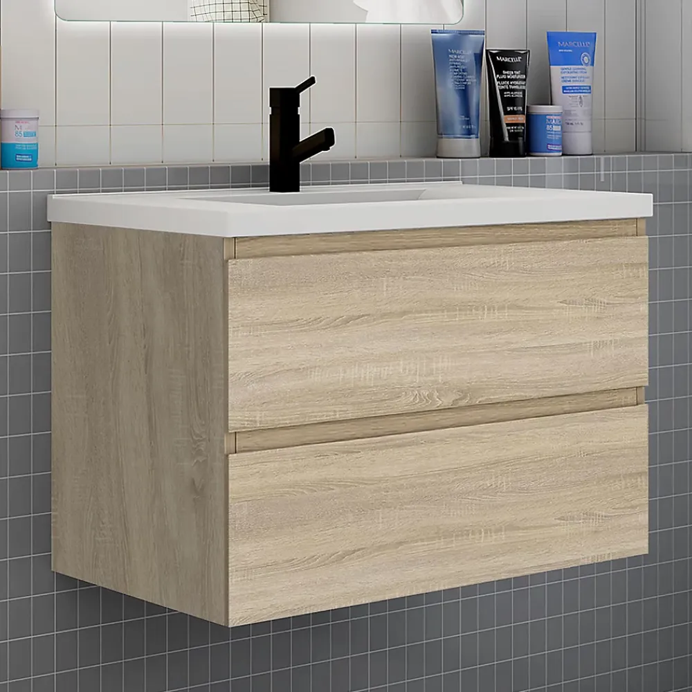 AICA Sanitaire Ensemble meuble de salle de bain et lavabo chêne (L.80cm) 2 tiroirs + meuble haut + lavabo + miroir LED