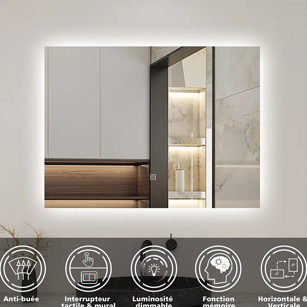 AICA Sanitaire Ensemble meuble de salle de bain et lavabo chêne (L.80cm) 2 tiroirs + meuble haut + lavabo + miroir LED