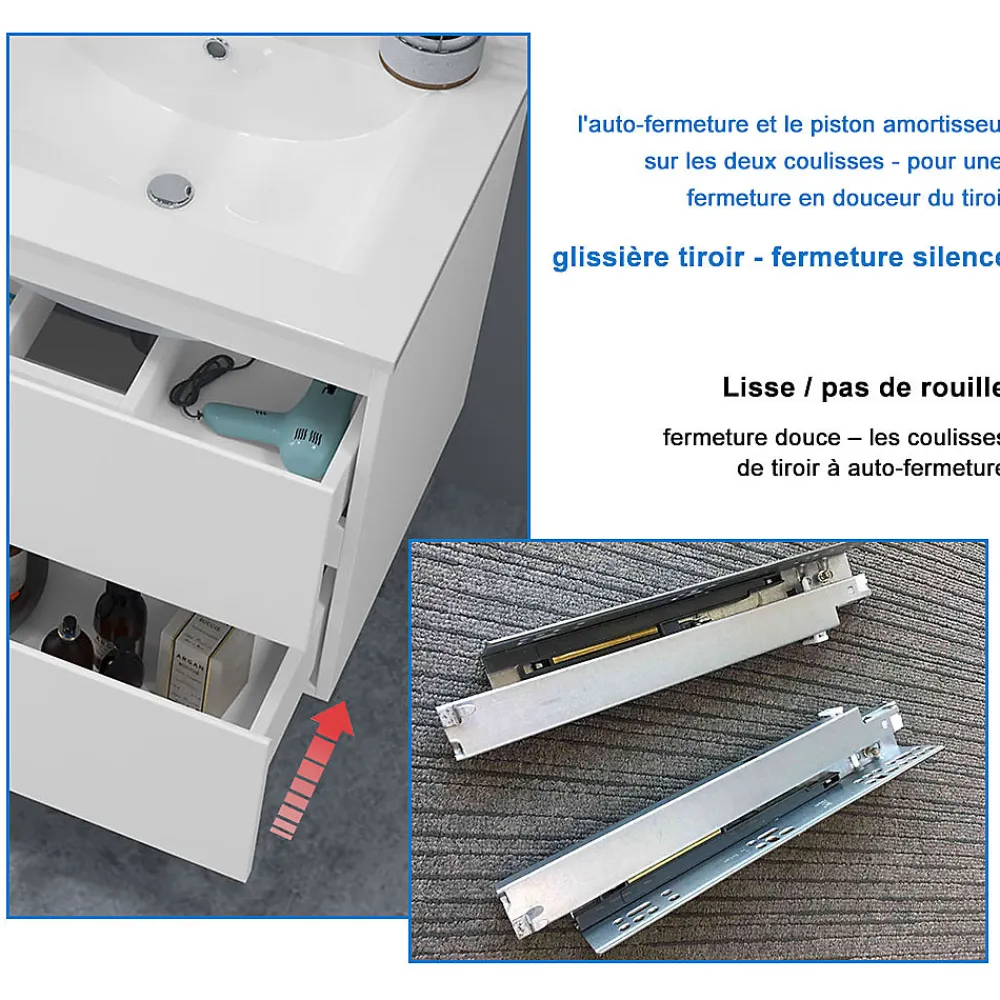 AICA Sanitaire Ensemble meuble de salle de bain et lavabo chêne (L.80cm) 2 tiroirs + meuble haut + lavabo + miroir LED