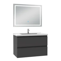 Ensemble Meuble De Salle De Bains|AICA Sanitaire Ensemble meuble de salle de bain avec tiroirs 80cm, vasque céramique et LED miroir, anthracite