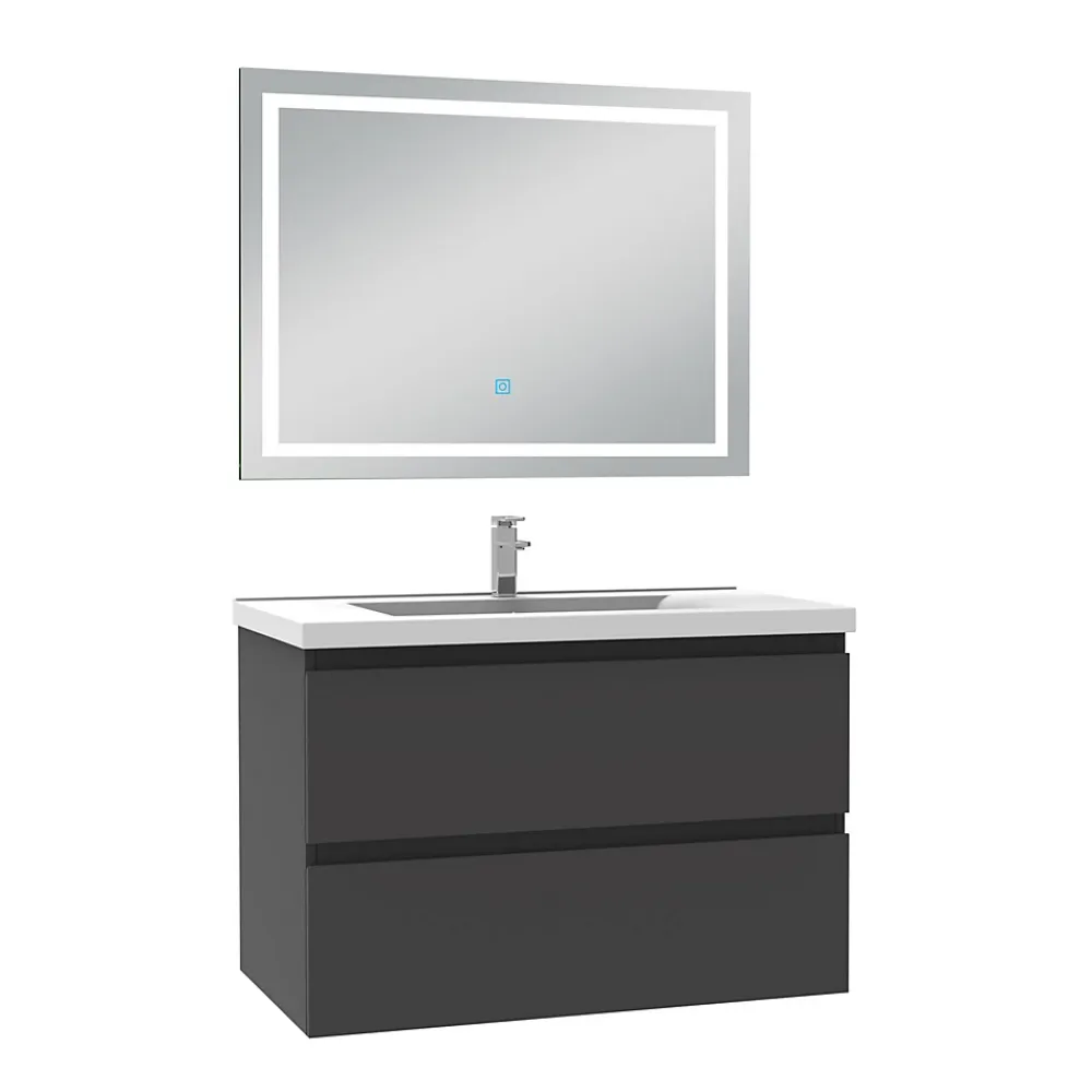 Ensemble Meuble De Salle De Bains|AICA Sanitaire Ensemble meuble de salle de bain avec tiroirs 80cm, vasque céramique et LED miroir, anthracite