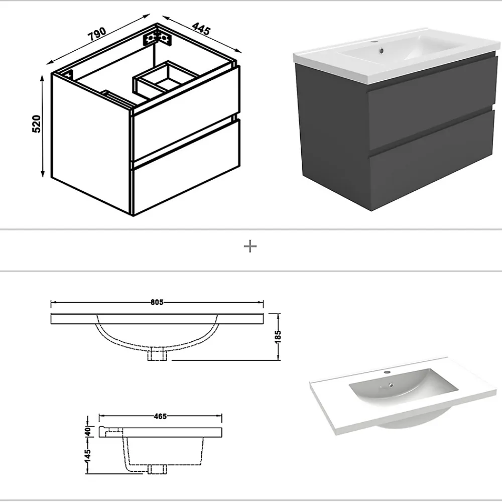 Ensemble Meuble De Salle De Bains|AICA Sanitaire Ensemble meuble de salle de bain avec tiroirs 80cm, vasque céramique et LED miroir, anthracite