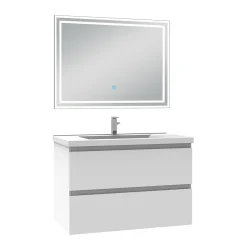 AICA Sanitaire Ensemble meuble de salle de bain 80cm, vasque céramique et LED miroir mural, blanc