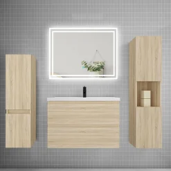 AICA Sanitaire Ensemble meuble de salle de bains 80cm, simple vasque et colonne et LED miroir,chêne