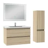 AICA Sanitaire Ensemble meuble de salle de bain 80cm, vasque céramique + colonne + LED miroir rectangulaire, chêne