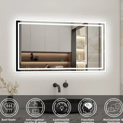 AICA Sanitaire Ensemble meuble de salle de bain 80cm, vasque céramique + colonne + LED miroir rectangulaire, chêne